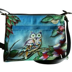 Anuschka Hand Painted Midnight Owl Blue Floral Leather Crossbody Bag Purse
